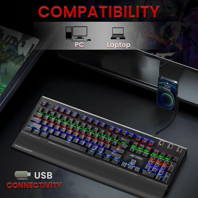 Ant Esports MK3500 Mechanical Gaming Keyboard, Red Linear Switches, RGB Rainbow Backlit, 26 Anti Ghosting keys, Removable Wrist Rest,Square Keycaps, Full Size Wired Keyboard for Windows/Mac/PC – Black