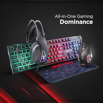 Acer 4 in 1 Wired Gaming Combo, 7 Color LED Backlit Keyboard, RGB Mouse (800/1600/2400/3200 DPI), Premium Gaming Headset (50mm Driver, 120dB) with Mixed Light Effect, Fabric Weave Mousepad (Black) - Unboxify