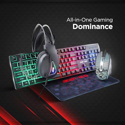 Acer 4 in 1 Wired Gaming Combo, 7 Color LED Backlit Keyboard, RGB Mouse (800/1600/2400/3200 DPI), Premium Gaming Headset (50mm Driver, 120dB) with Mixed Light Effect, Fabric Weave Mousepad (Black) - Unboxify