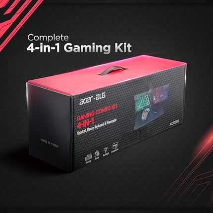 Acer 4 in 1 Wired Gaming Combo, 7 Color LED Backlit Keyboard, RGB Mouse (800/1600/2400/3200 DPI), Premium Gaming Headset (50mm Driver, 120dB) with Mixed Light Effect, Fabric Weave Mousepad (Black) - Unboxify