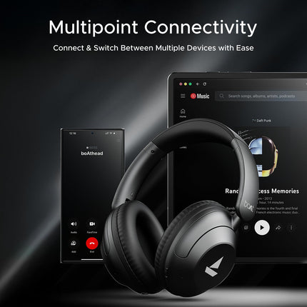 Boat New Launch Rockerz 650 Pro, Touch/Swipe Controls, Dolby Audio, 80Hrs Battery, 2Mics ENx, Fast Charge, App Support, Dual Pair, Bluetooth Over Ear Headphones with Mic (Iris Black) - Unboxify