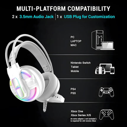 Ant Esports H525 Pro RGB Gaming Headset Gaming Over Ear Wired Headphones with Mic| 2 * 3.5MM Jack + USB for RGB Light |50 MM Drivers | Compatible with PC/ PS4/Xbox One/Nintendo/Mobile_White - Unboxify