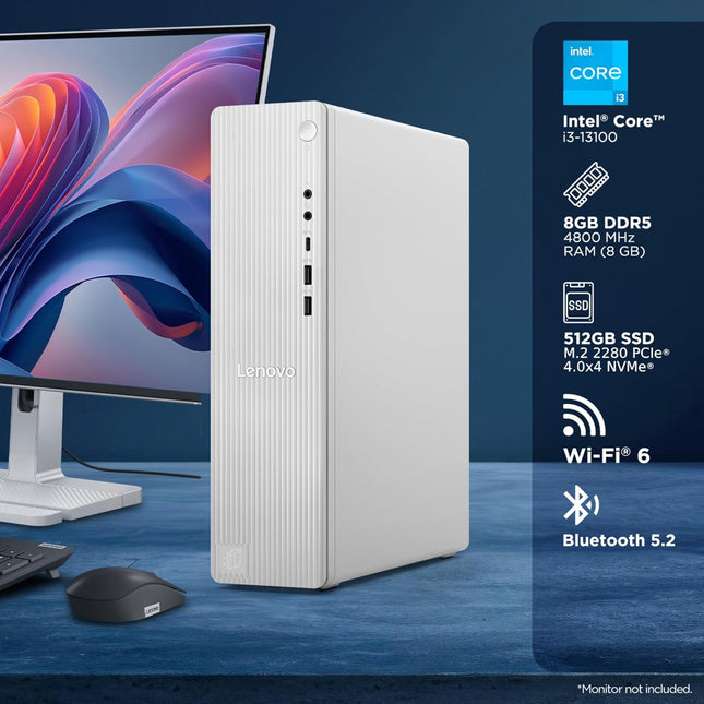 Lenovo IdeaCentre Tower 13th Gen Core i3-13100 (8GB RAM/512GB SSD/Interated Intel UHD Graphics 730/Wifi 6/Bluetooth 5.2/USB Calliope Keyboard & Mouse, Black/Grey), 90XS0014IN