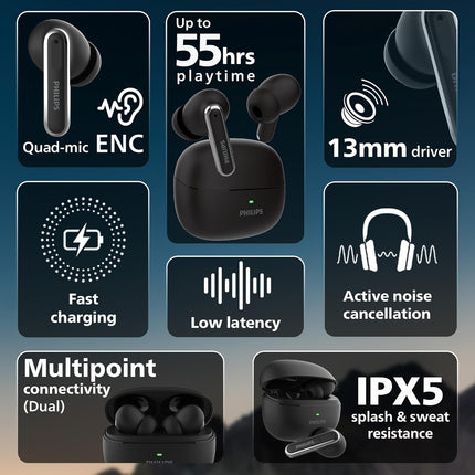 Philips TAT1150BK/94 Premium Wireless Earbuds with ANC, Quad Mic ENC, Up to 55 Hr Playtime,13mm Neodymium Drivers,Multipoint, ergonomically Designed,IPX5 Water Resistance,Fast Charging - Unboxify