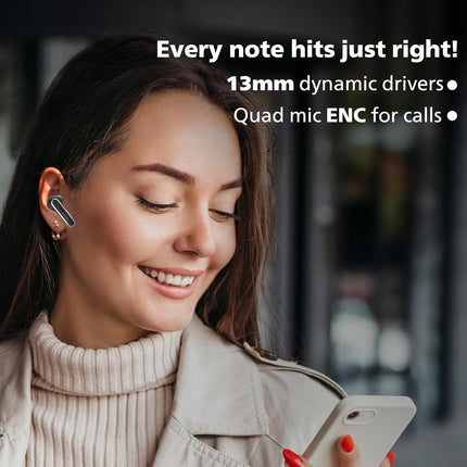 Philips TAT1150BK/94 Premium Wireless Earbuds with ANC, Quad Mic ENC, Up to 55 Hr Playtime,13mm Neodymium Drivers,Multipoint, ergonomically Designed,IPX5 Water Resistance,Fast Charging - Unboxify