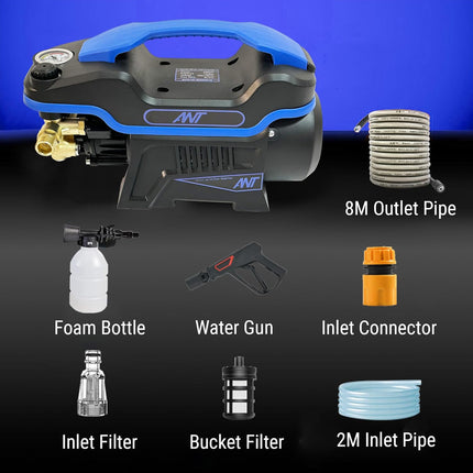 Ant Smart Jet 20 All-in-One Silent High-Pressure Washer, Portable Car Washer, 2200 Watts Motor, 140 Bar, 8L/Min Flow Rate, 8m Outlet Hose Pipe + 6 Essential Accessories for Car Bike and Home Cleaning - Unboxify