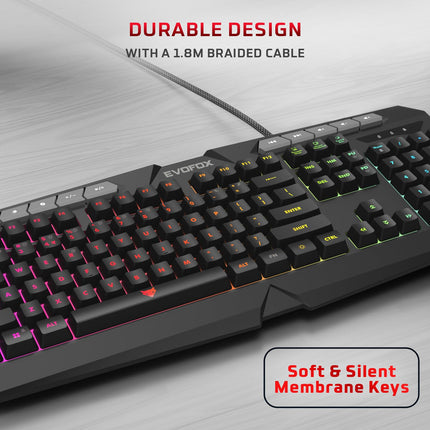 EvoFox Deathray v2 Gaming Keyboard & Mouse Combo | 6 Zone RGB Backlighting, 19 Anti Ghosting Keys, Membrane Keys, Ergonomic, Full-Size | 6 Buttons, 7 Color LED Lighting, Upto 3600DP | Extended Deskpad (Wired)