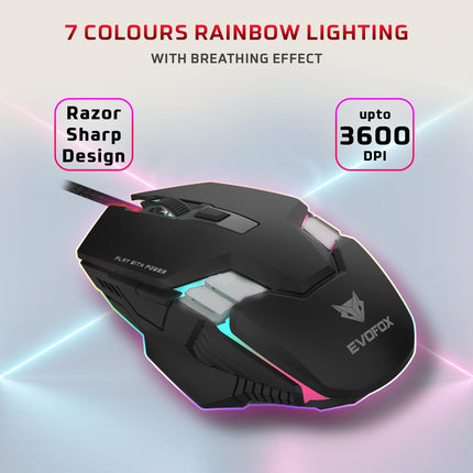 EvoFox Deathray v2 Gaming Keyboard & Mouse Combo | 6 Zone RGB Backlighting, 19 Anti Ghosting Keys, Membrane Keys, Ergonomic, Full-Size | 6 Buttons, 7 Color LED Lighting, Upto 3600DP | Extended Deskpad (Wired)