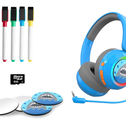 WatchOut Galaxy Kids Headphones with 500+ Free Inbuilt Stories, Safe Sound as per WHO, DIY Magnet, LED, Bluetooth + Wired, Mic for School, Travel, Gift, Boys, Girls, Children, Age 3-18 (Blue Shark)