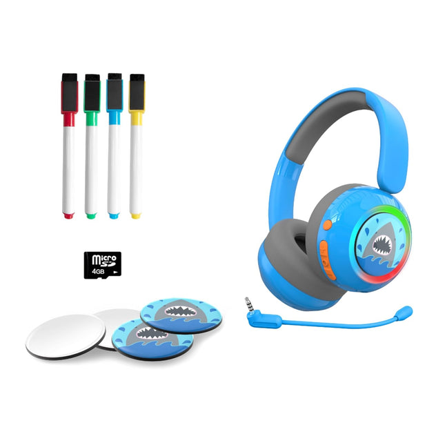 WatchOut Galaxy Kids Headphones with 500+ Free Inbuilt Stories, Safe Sound as per WHO, DIY Magnet, LED, Bluetooth + Wired, Mic for School, Travel, Gift, Boys, Girls, Children, Age 3-18 (Blue Shark)