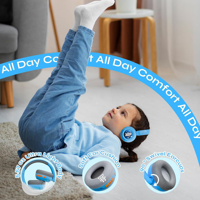 WatchOut Galaxy Kids Headphones with 500+ Free Inbuilt Stories, Safe Sound as per WHO, DIY Magnet, LED, Bluetooth + Wired, Mic for School, Travel, Gift, Boys, Girls, Children, Age 3-18 (Blue Shark)