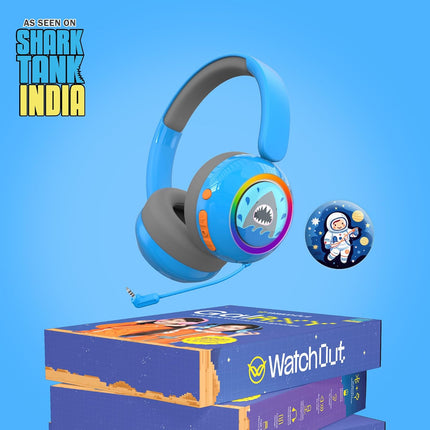 WatchOut Galaxy Kids Headphones with 500+ Free Inbuilt Stories, Safe Sound as per WHO, DIY Magnet, LED, Bluetooth + Wired, Mic for School, Travel, Gift, Boys, Girls, Children, Age 3-18 (Blue Shark)