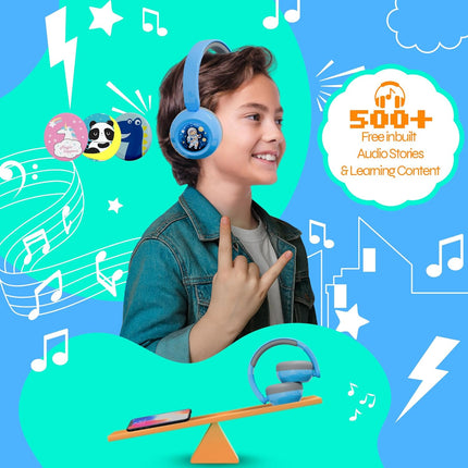 WatchOut Galaxy Kids Headphones with 500+ Free Inbuilt Stories, Safe Sound as per WHO, DIY Magnet, LED, Bluetooth + Wired, Mic for School, Travel, Gift, Boys, Girls, Children, Age 3-18 (Blue Shark)