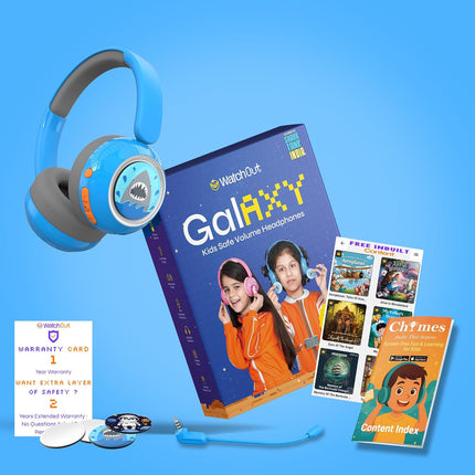 WatchOut Galaxy Kids Headphones with 500+ Free Inbuilt Stories, Safe Sound as per WHO, DIY Magnet, LED, Bluetooth + Wired, Mic for School, Travel, Gift, Boys, Girls, Children, Age 3-18 (Blue Shark)