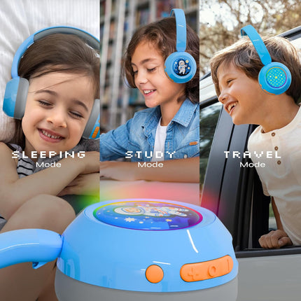 WatchOut Galaxy Kids Headphones with 500+ Free Inbuilt Stories, Safe Sound as per WHO, DIY Magnet, LED, Bluetooth + Wired, Mic for School, Travel, Gift, Boys, Girls, Children, Age 3-18 (Blue Shark)