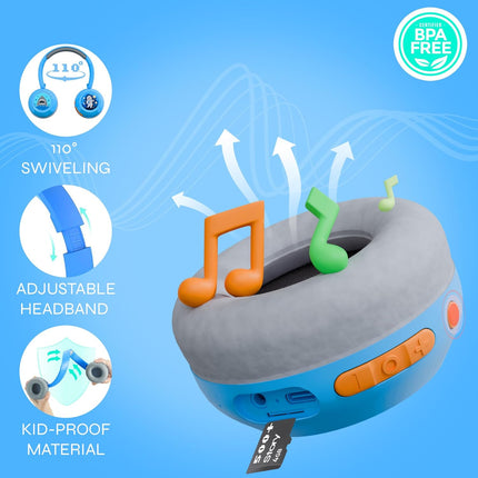 WatchOut Galaxy Kids Headphones with 500+ Free Inbuilt Stories, Safe Sound as per WHO, DIY Magnet, LED, Bluetooth + Wired, Mic for School, Travel, Gift, Boys, Girls, Children, Age 3-18 (Blue Shark)