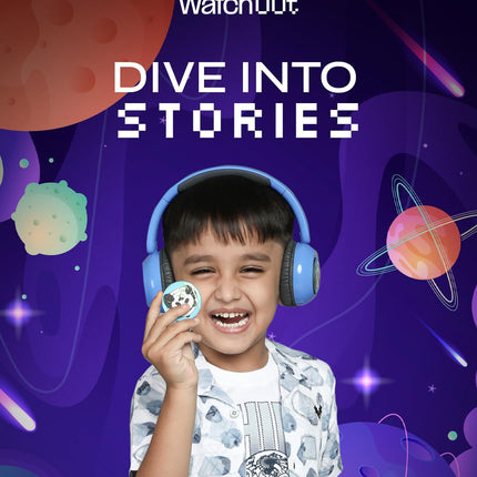 WatchOut Galaxy Kids Headphones with 500+ Free Inbuilt Stories, Safe Sound as per WHO, DIY Magnet, LED, Bluetooth + Wired, Mic for School, Travel, Gift, Boys, Girls, Children, Age 3-18 (Blue Shark)