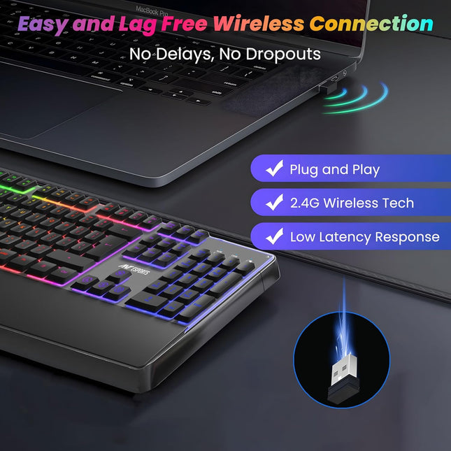Ant Esports KM500 Pro Wireless Gaming Keyboard and Mouse Combo, LED Backlit Rechargeable 2000mAh Battery, Mechanical Feel Anti-ghosting Keyboard + 6D 3200DPI Mice for PC Gamer (Black)