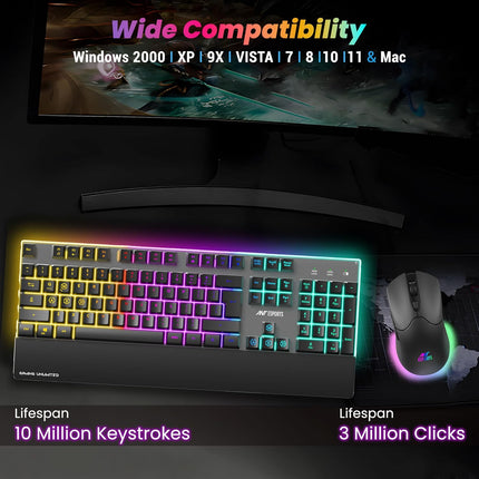 Ant Esports KM500 Pro Wireless Gaming Keyboard and Mouse Combo, LED Backlit Rechargeable 2000mAh Battery, Mechanical Feel Anti-ghosting Keyboard + 6D 3200DPI Mice for PC Gamer (Black)