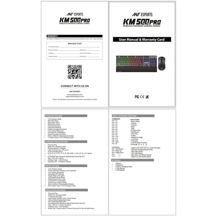 Ant Esports KM500 Pro Wireless Gaming Keyboard and Mouse Combo, LED Backlit Rechargeable 2000mAh Battery, Mechanical Feel Anti-ghosting Keyboard + 6D 3200DPI Mice for PC Gamer (Black)