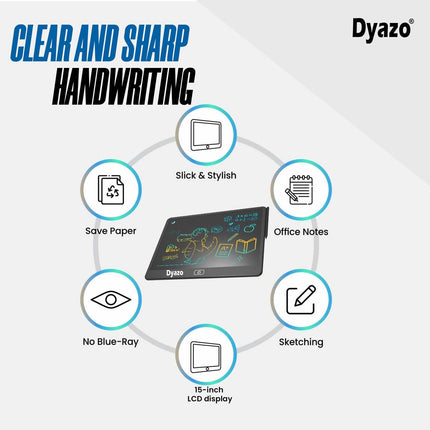 Dyazo 15 Inch Writing Tablet Pad | LCD Re-Writable Colorful Screen Pad with Stylus | Digital Graphic Slate for Kids & Students, Drawing, Learning and Office Notes (Black) - Unboxify