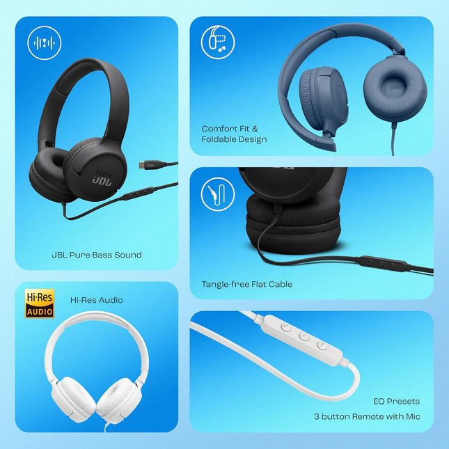 JBL Tune 520C On Ear Type C Wired Headphone, Pure Bass Sound,3-Button Remote with Microphone,Comfort Fit and Foldable Design(Blue)
