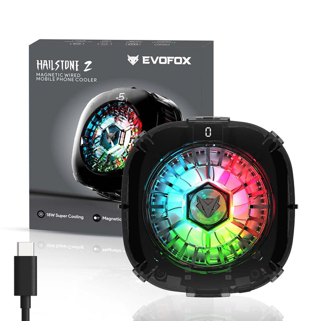 EvoFox Hailstone 2 18W Phone Cooler for Gaming, 2 in 1 [MagSafe+Clamp] Mounting | Instant Cooling, Semiconductor Tech Enhanced Refrigeration Chip Reaches 0°C|7-Blade 6000 RPM | RGB | Type-C & Display
