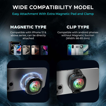 EvoFox Hailstone 2 18W Phone Cooler for Gaming, 2 in 1 [MagSafe+Clamp] Mounting | Instant Cooling, Semiconductor Tech Enhanced Refrigeration Chip Reaches 0°C|7-Blade 6000 RPM | RGB | Type-C & Display