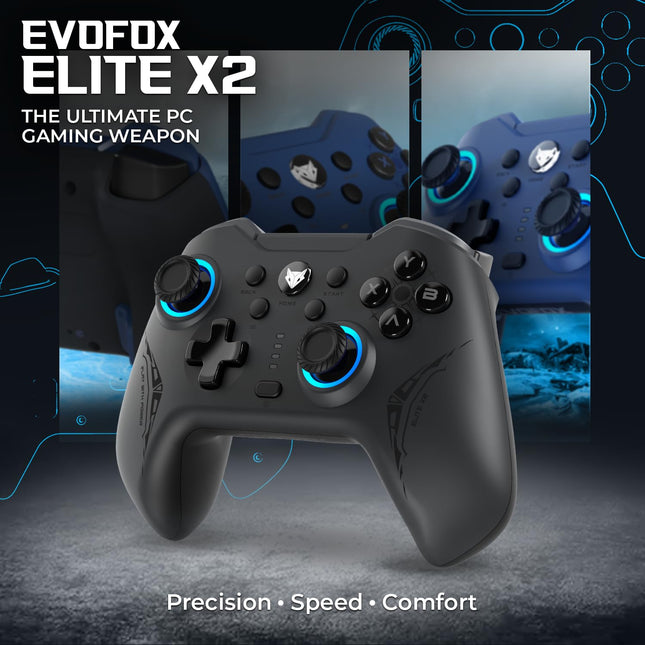 EvoFox Elite X2 Wireless Gaming Controller For PC with 1000Hz Polling Rate, Dual-Mode (2.4G & Type C), Hallsense™ Magnetic Hall 3D Joysticks & Triggers, EZ Click Macros, Dual Vibration Motors