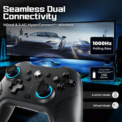 EvoFox Elite X2 Wireless Gaming Controller For PC with 1000Hz Polling Rate, Dual-Mode (2.4G & Type C), Hallsense™ Magnetic Hall 3D Joysticks & Triggers, EZ Click Macros, Dual Vibration Motors