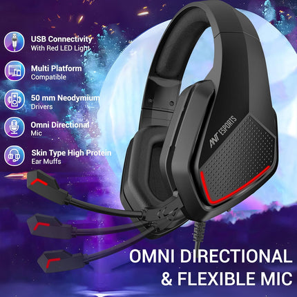 Ant Esports H590 7.1 Surround Sound Gaming Headset, USB Wired Over-Ear Headphones with 50mm Drivers, Noise Cancelling Mic, Red LED, Soft Earmuffs, for PC, PS5, Xbox, Laptop