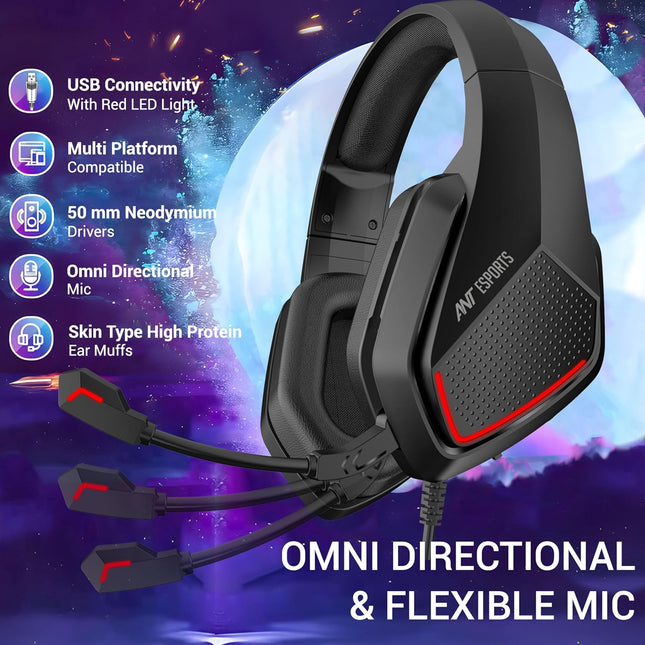 Ant Esports H590 7.1 Surround Sound Gaming Headset, USB Wired Over-Ear Headphones with 50mm Drivers, Noise Cancelling Mic, Red LED, Soft Earmuffs, for PC, PS5, Xbox, Laptop