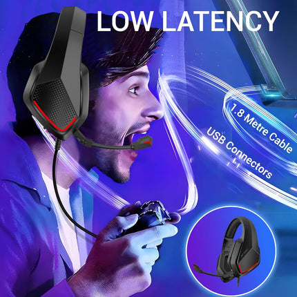 Ant Esports H590 7.1 Surround Sound Gaming Headset, USB Wired Over-Ear Headphones with 50mm Drivers, Noise Cancelling Mic, Red LED, Soft Earmuffs, for PC, PS5, Xbox, Laptop