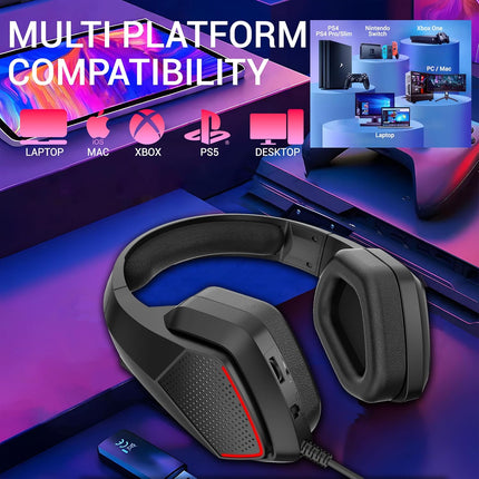 Ant Esports H590 7.1 Surround Sound Gaming Headset, USB Wired Over-Ear Headphones with 50mm Drivers, Noise Cancelling Mic, Red LED, Soft Earmuffs, for PC, PS5, Xbox, Laptop