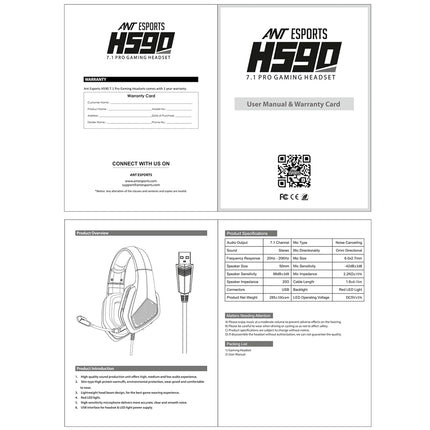 Ant Esports H590 7.1 Surround Sound Gaming Headset, USB Wired Over-Ear Headphones with 50mm Drivers, Noise Cancelling Mic, Red LED, Soft Earmuffs, for PC, PS5, Xbox, Laptop