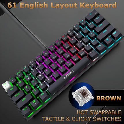 Ant Esports Thunder10, 60% Wired Mechanical Gaming Keyboard Mouse Combo, Anti-Ghosting Brown Switch RGB Backlit Keyboard,5 Programable Buttons 3200DPI RGB Weight Honeycomb Mouse PC MAC_Carbon Black
