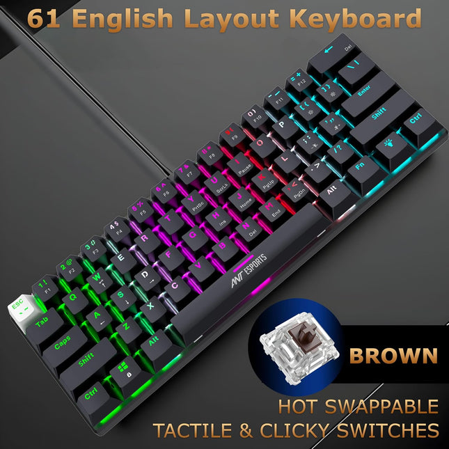 Ant Esports Thunder10, 60% Wired Mechanical Gaming Keyboard Mouse Combo, Anti-Ghosting Brown Switch RGB Backlit Keyboard,5 Programable Buttons 3200DPI RGB Weight Honeycomb Mouse PC MAC_Carbon Black