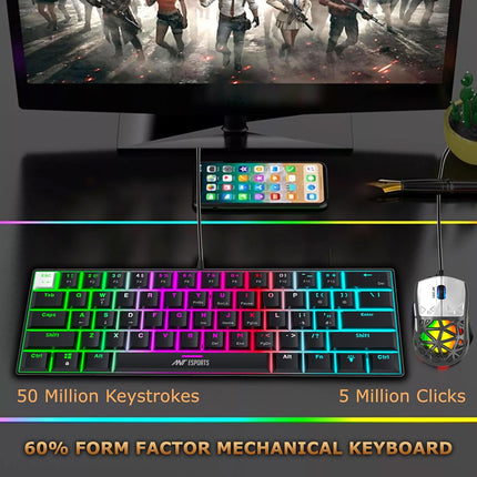 Ant Esports Thunder10, 60% Wired Mechanical Gaming Keyboard Mouse Combo, Anti-Ghosting Brown Switch RGB Backlit Keyboard,5 Programable Buttons 3200DPI RGB Weight Honeycomb Mouse PC MAC_Carbon Black
