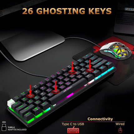 Ant Esports Thunder10, 60% Wired Mechanical Gaming Keyboard Mouse Combo, Anti-Ghosting Brown Switch RGB Backlit Keyboard,5 Programable Buttons 3200DPI RGB Weight Honeycomb Mouse PC MAC_Carbon Black