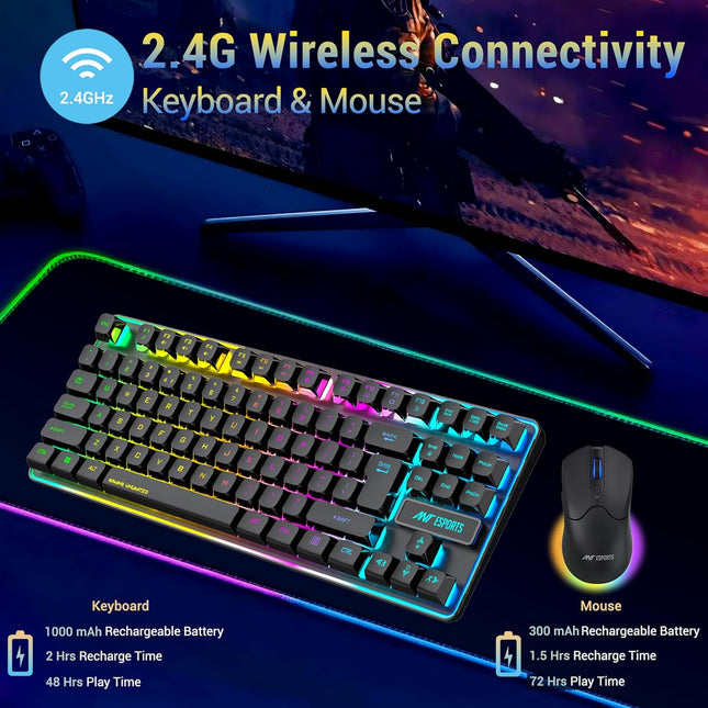 Ant Esports KM730 Pro Gaming Wireless TKL Keyboard Mouse Combo Rechargeable RGB Backlit Tenkeyless Compact 87 Keys 6 Button for Computer Laptop PS4 PS5 - XP/7/8/10 iMac MacBook Xbox one X – Black