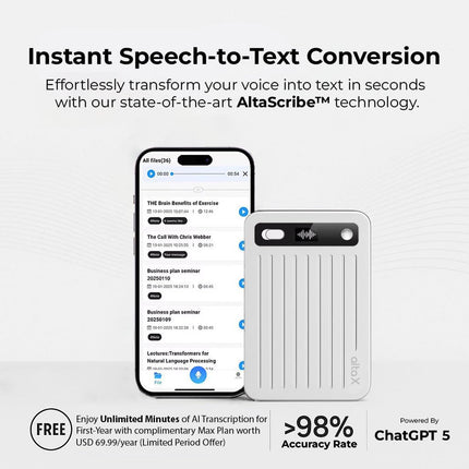 AltaX ThinkNote AI Voice Recorder for Meetings, Calls & Lectures | ChatGPT Powered Instant Transcription, Auto Summary & Mind Maps | 118 Language Support | All-Metal Design w/Case | 64GB (BRAND NEW/SEALED)
