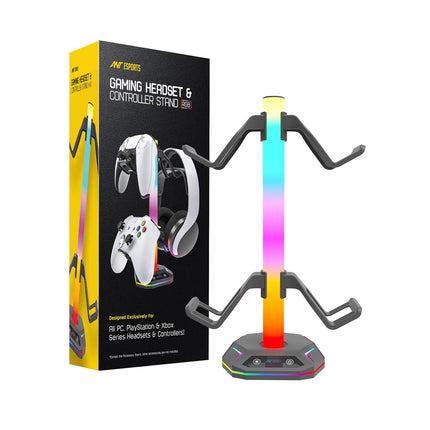 Ant Esports RGB Headset Stand, Gaming Controller Stand with 2 USB Charging Ports,10 Light Modes Headset Holder PC / PS5 / Xbox Gaming Accessories, Suitable for All Headset Black