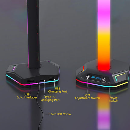 Ant Esports RGB Headset Stand, Gaming Controller Stand with 2 USB Charging Ports,10 Light Modes Headset Holder PC / PS5 / Xbox Gaming Accessories, Suitable for All Headset Black