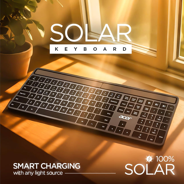 Acer Solaris Solar Powered Bluetooth Keyboard, 109-Key Wireless Keyboard with Super-Capacitor, Multi-Device BT 5.0, Type-C Emergency Charging, 10m Range, for Windows, Mac, Android, Space Grey - Unboxify
