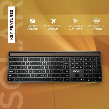 Acer Solaris Solar Powered Bluetooth Keyboard, 109-Key Wireless Keyboard with Super-Capacitor, Multi-Device BT 5.0, Type-C Emergency Charging, 10m Range, for Windows, Mac, Android, Space Grey - Unboxify