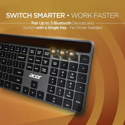 Acer Solaris Solar Powered Bluetooth Keyboard, 109-Key Wireless Keyboard with Super-Capacitor, Multi-Device BT 5.0, Type-C Emergency Charging, 10m Range, for Windows, Mac, Android, Space Grey - Unboxify