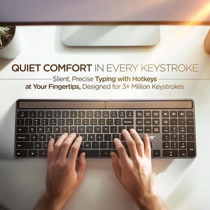 Acer Solaris Solar Powered Bluetooth Keyboard, 109-Key Wireless Keyboard with Super-Capacitor, Multi-Device BT 5.0, Type-C Emergency Charging, 10m Range, for Windows, Mac, Android, Space Grey - Unboxify