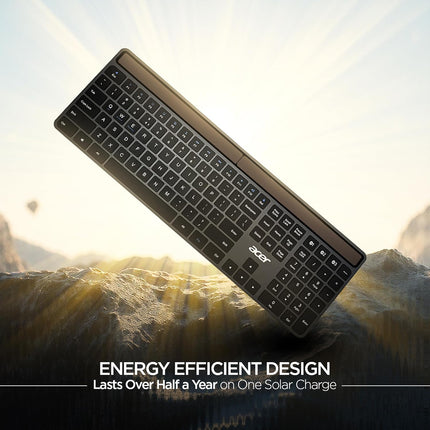 Acer Solaris Solar Powered Bluetooth Keyboard, 109-Key Wireless Keyboard with Super-Capacitor, Multi-Device BT 5.0, Type-C Emergency Charging, 10m Range, for Windows, Mac, Android, Space Grey - Unboxify