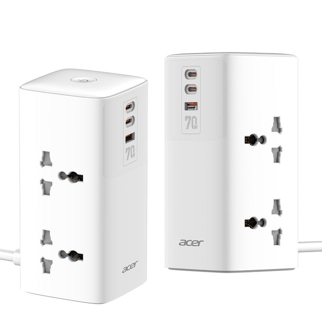 Acer PowerHub Tower | AC Socket + 4 USB Ports (2 Type-C PD + 2 Type-A) | 70W Fast Charging, 2500W Output | Desktop Power Adapter | Surge Protection | Travel Ready | Overload Protection - Unboxify
