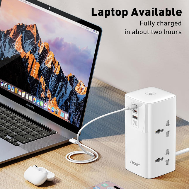 Acer PowerHub Tower | AC Socket + 4 USB Ports (2 Type-C PD + 2 Type-A) | 70W Fast Charging, 2500W Output | Desktop Power Adapter | Surge Protection | Travel Ready | Overload Protection - Unboxify